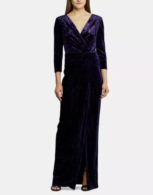 RALPH LAUREN Womens Purple Velvet V Neck Long Sleeve Gown Evening Dress Size 8