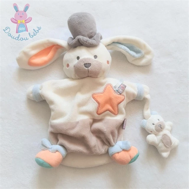 Doudou Lapin marionnette Charleston blanc beige orange Bébé 9 (état neuf)