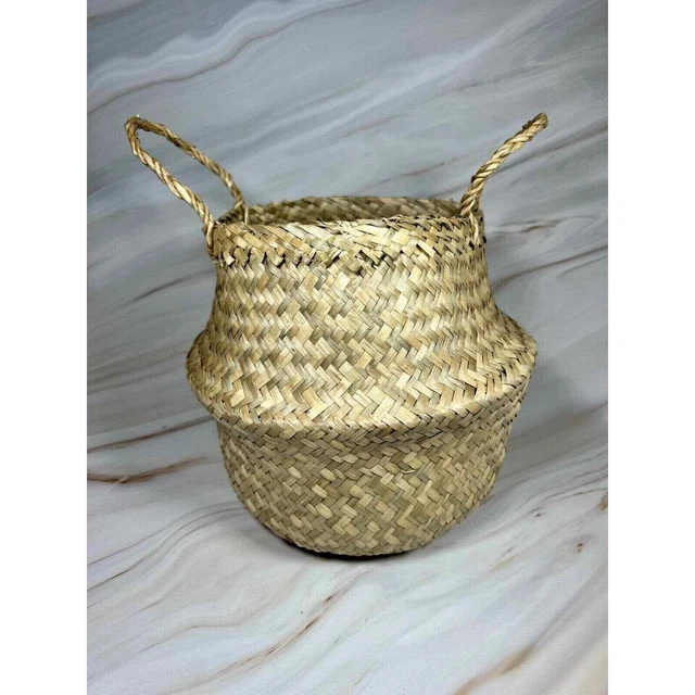 Cesta de vientre tejida de pastos marinos maceta caja de almacenamiento decoración del hogar tamaño mediano