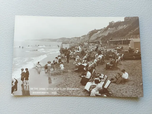 Old Photo RP Postcard Busy Beach At West Cliff Bournemouth Unposted Real Photo