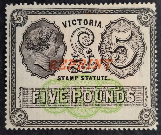 1884- Victoria Australia £5 Black&yellow green Stamp Statute, Perf 12 REPRINT