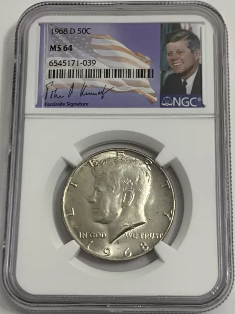 1968 D Ngc Ms64 Silver Kennedy Half Dollar Jfk Coin Signature Flag Label 50C