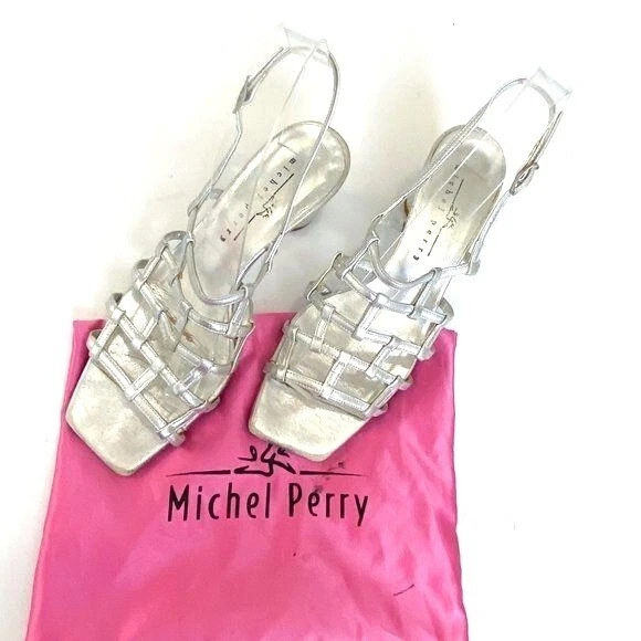 Michel Perry silver leather caged sling back sandal, Size 37 EU, Vintage from 90