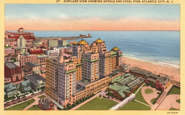 Vintage Postcard 1920's Airplane View Hotels and Steel Pier Atlantic City N.J.