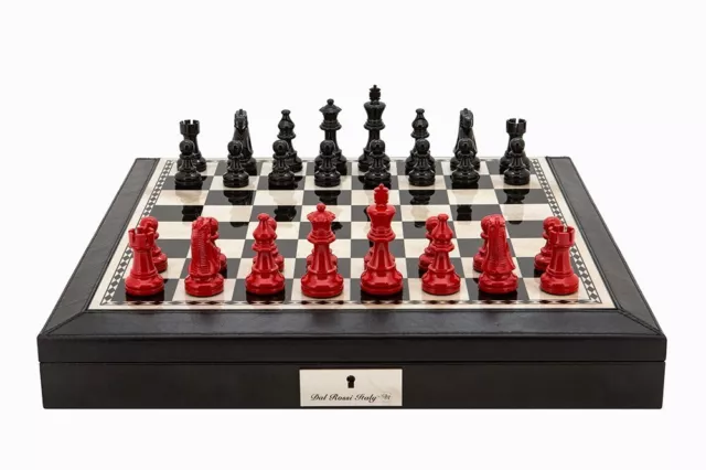 Dal Rossi Chess Set Black and Red Timber Pces w 45cm Black Bev Box/Board