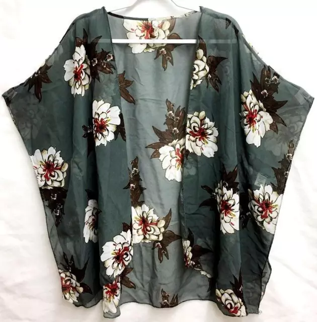 Live 4 Truth gray floral print sheer see through kimono sleeve open cardigan 1X