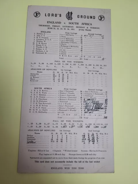 England v South Africa ~ Cricket Scorecard 1951 ~ Lord's Ground Free Postage
