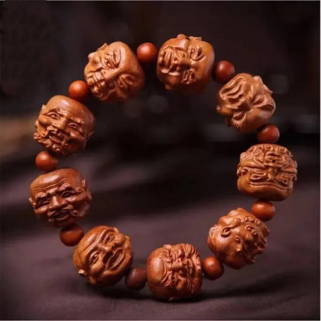 18 Lohan Head Prayer Beads Chinese Wood Carving Sculpture Hand Strings Bracelet