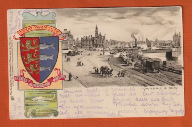 1902 Tuck Embossed Heraldic Postcard, Great Yarmouth, Town Hall & Quay