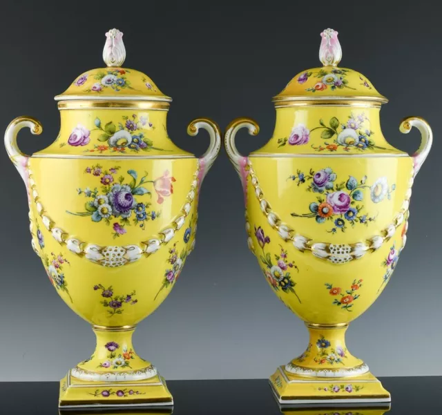 V.fine Quality Pair 19C Antique Dresden Yellow Enamel German Porcelain Urn Vases