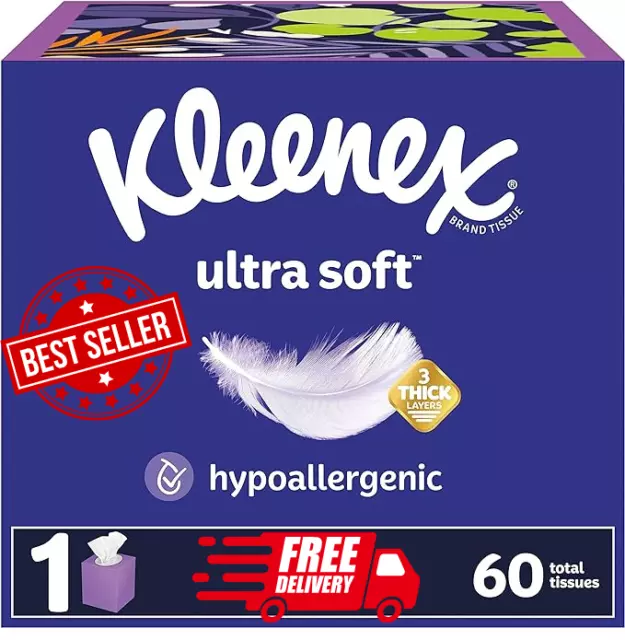 Kleenex Ultra Soft Facial Tissues, 1 Cube Box, 60 Tissues per Box, 3-Ply, Pac...