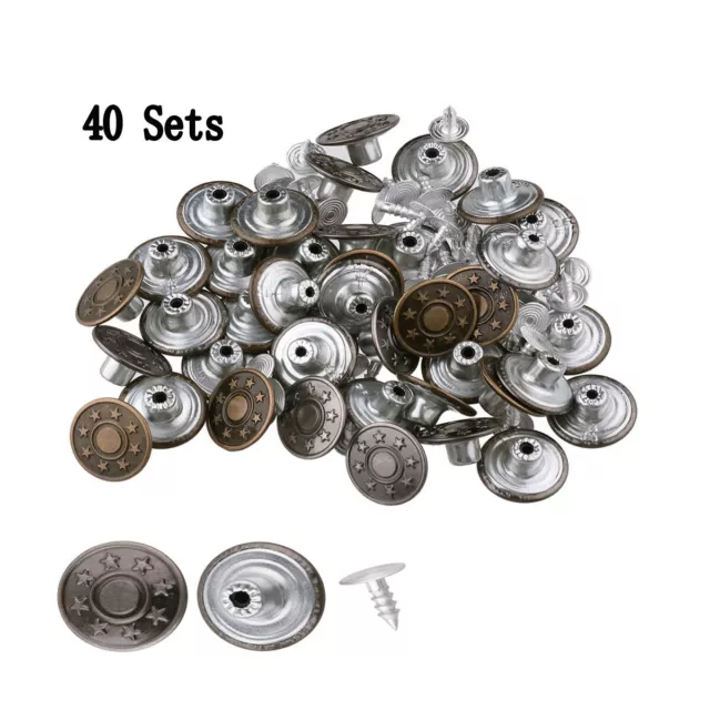 40Sets 17mm Jeans Metal Button Tack Snap Button Replacements with Rivets+Box