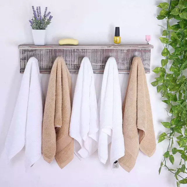Rustic Wood Towel Hooks, Wall Mounted Floating Display Shelf Rack with 5 Hooks