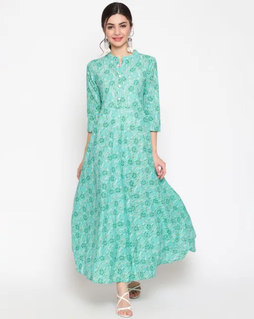 Indian Women Green Floral Print Cotton Anarkali Long Kurta Kurti New Dress