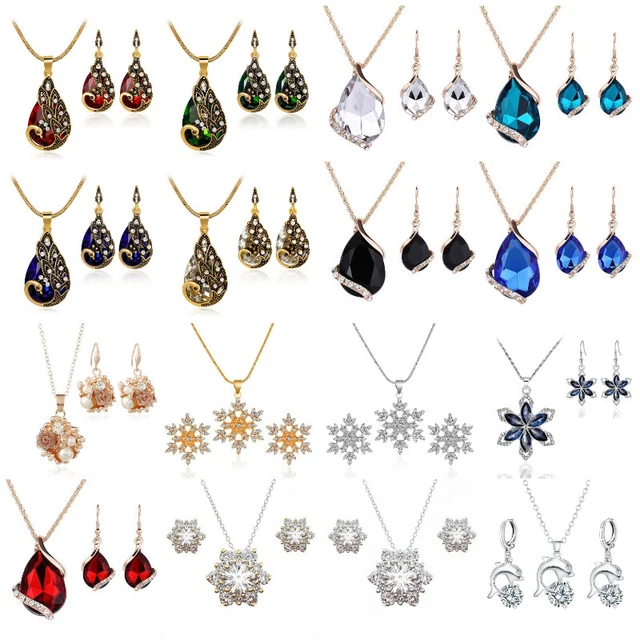 925 Silver Gold Earrings Necklace Set Crystal Pendant Women Wedding Jewelry Gift