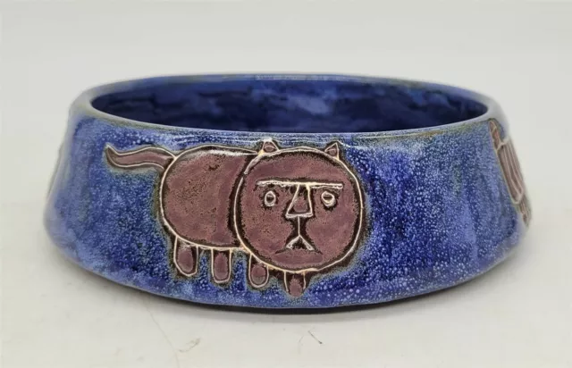 ThriftCHI ~ Stoneware by Mara Mexican Pottery Cat Bowl - Dark Blue w 4 Cats 3