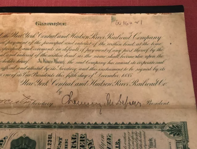 Chauncey Depew - Autographed Signed Railroad Stock - New York Senator - 1885