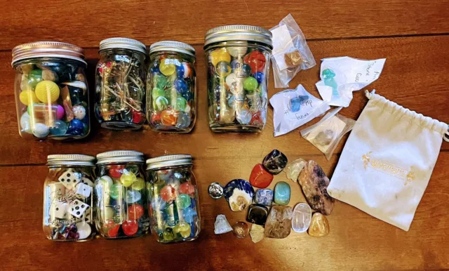 7 Mason Jars Full Of Trinkets And A Pouch Full Of Rocks! Nice Assortment