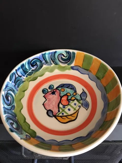 Vicki Carroll 1994 Pottery Bowl with Fish/Ocean Decoration 8.5" Wide