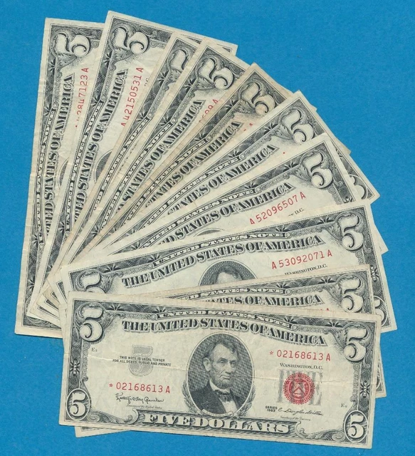 10-$5.00 1963 Series Red Seal United States 1 Note  Is A Star Note, Dealers Lot