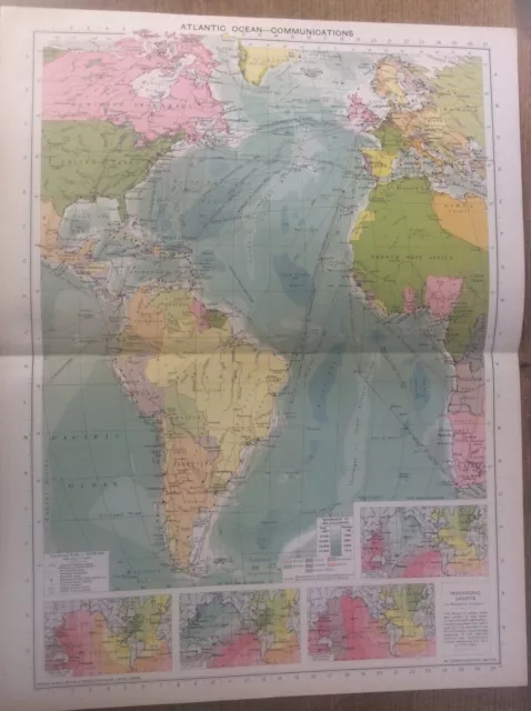 Vintage Antique 1939 Philips Map 20x15 Atlantic Ocean Communications