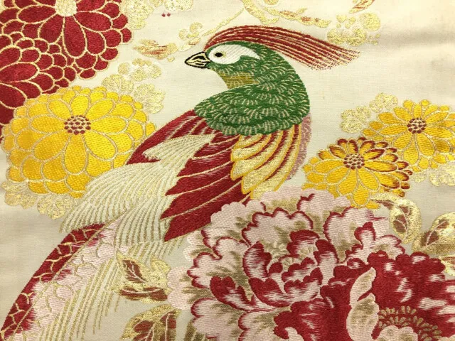 6495275: Japanese Kimono / Antique Nagoya Obi / Woven Pheasant & Peony
