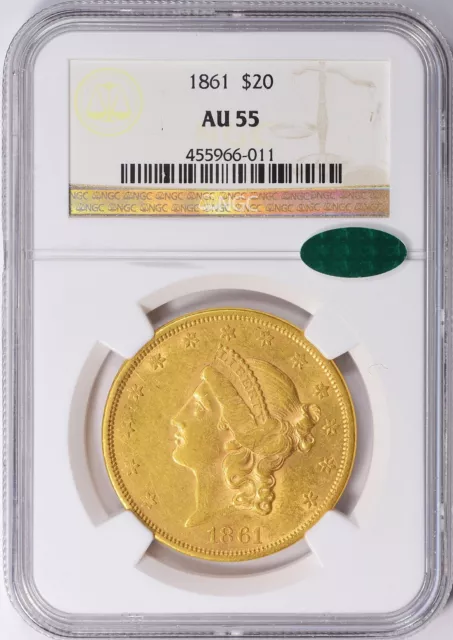 1861 $20 Gold Liberty Head NGC AU55 CAC Gold Double Eagle 966011