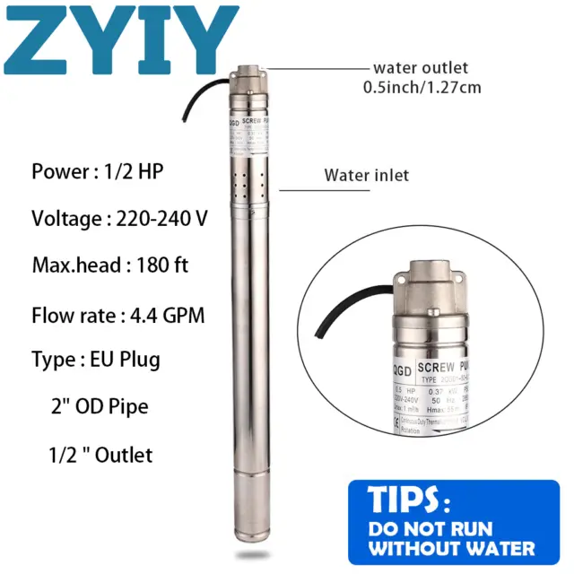 ZYIY 2 Inch 1/2HP Screw Pump Deep Well Pump Submersible Water Pump for Home Pool