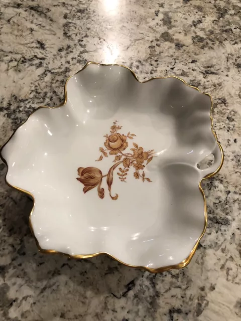 Limoges France Leaf Shaped Candy/Nut Dish Floral Design Gold Trim