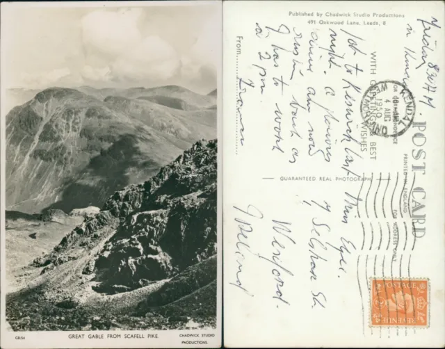 Great Gable From Scafell Pike Chadwick Studio RP Real Photo GB 1950 cancel