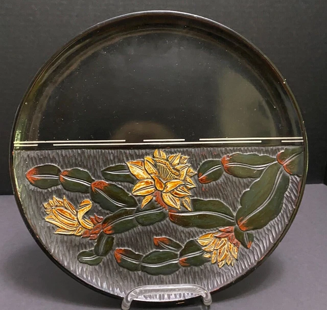 Vintage Black Lacquer Wood Serving Tray Hand Carved Tropical Flowers 12" MCM