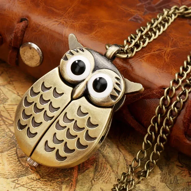 Bronze Accessories Mini Owl Quartz Pocket Watch Full Hunter with Chain Gift