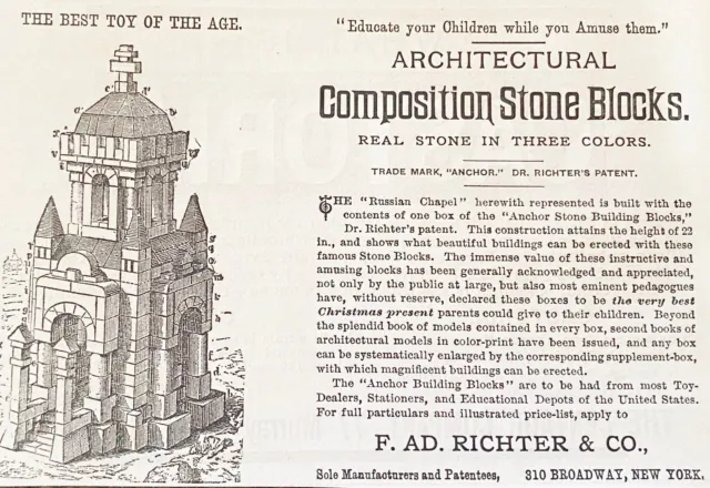 Antique1887 RICHTER Architectural Stone"Anchor"Color Building Block Toy Print Ad