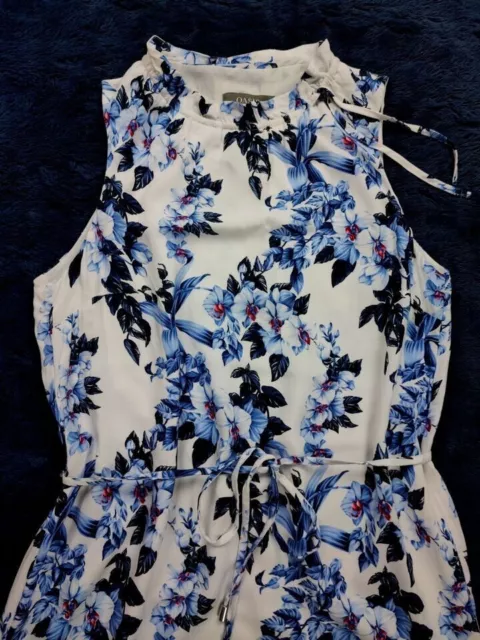 OASIS Ladies Blue White Botanical Print High Neck Sleeveless Summer Dress UK 14 2