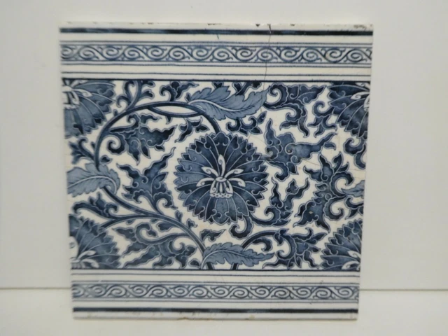 Antique Tile Minton Works Stoke On Trent Blue & White Art Nouveau Hand Painted