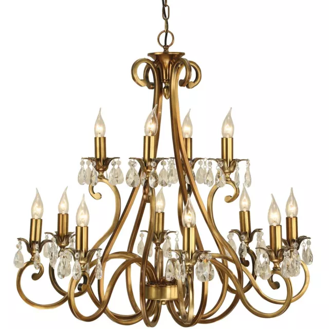 Esher Ceiling Pendant Chandelier Antique Brass & Crystal Curved 12 Lamp Light