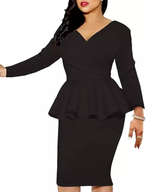 MAYFASEY Women's Black Vintage Ruffle Peplum Bodycon Midi Dress - XL (16-18)