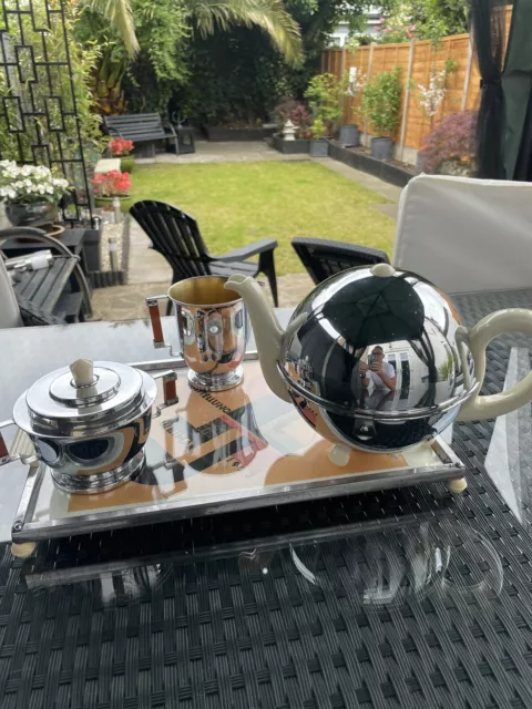Art Deco Bauhaus Style, Chrome Tea & Coffee Set with bauhaus design tray.