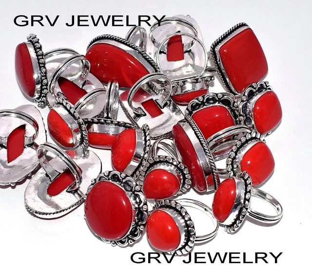 Coral Gemstone 200pcs Rings Lot 925 Silver Plated G-WHRU-8
