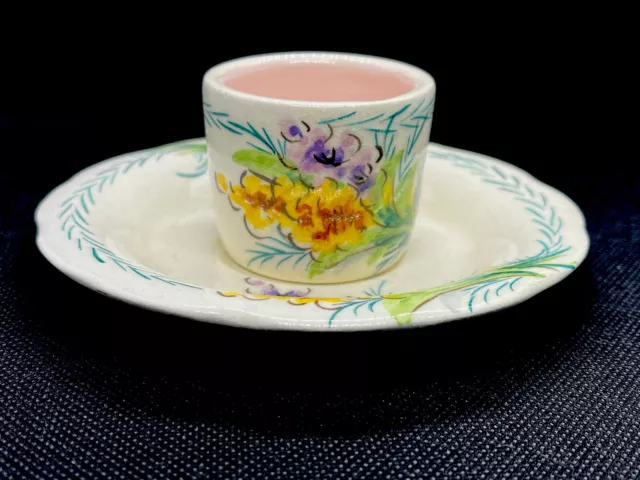 Vintage  1960s Axe Vale Pottery Devon England Hand Painted Egg Cup & Saucer