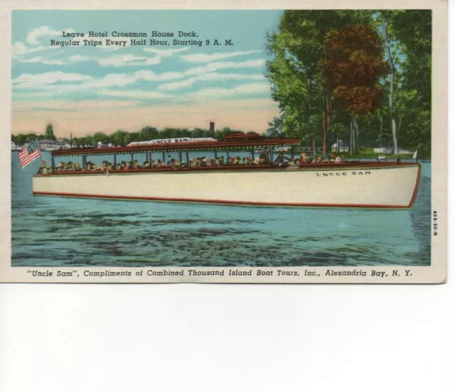 Alexandria Bay NY Uncle Sam Boat Tour Hotel Crossman Dock Vintage Postcard A15