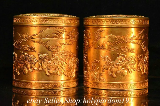 4.8" Marked Old Chinese Bronze 24K Gold Gilt Fengshui Foo Fu Lion Dog Jar Pair