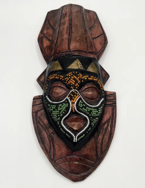 African Beaded Wooden Tribal Oblong Wall Art Mask, Handcrafted 9.75” EUC