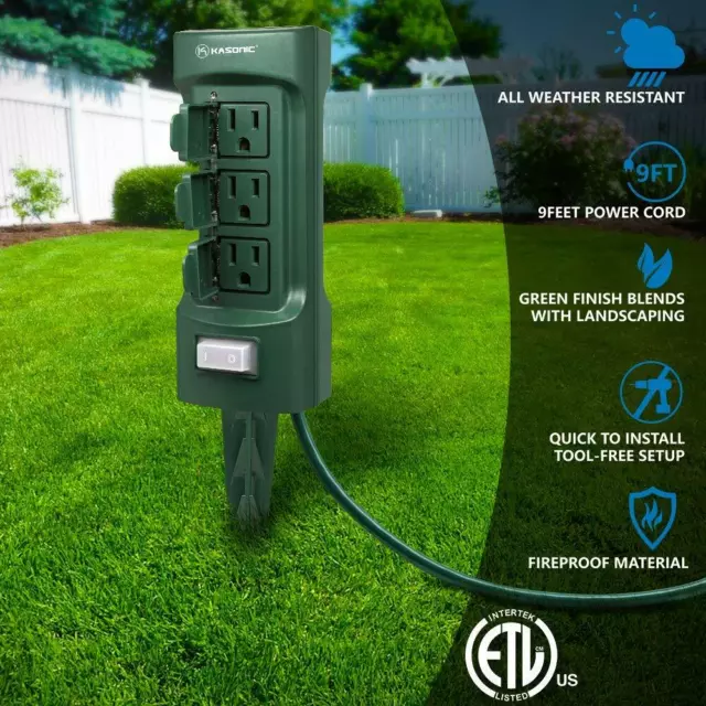 Outdoor Power Stake 6-Outlet 9 ft Extension Cord Weatherproof Safety Flip Covers 2