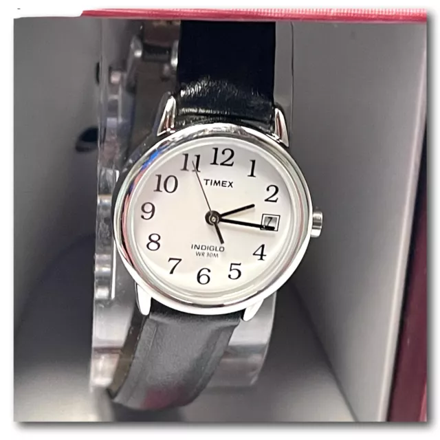 TImex Indiglo Watch Classic Womans Black Leather Silver Analog Date Original Box