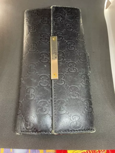 Vtg Authentic Gucci Black Leather Long Imprinted Wallet Guccissima