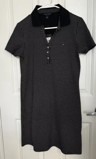 Tommy Hilfiger Navy & White Polka Dot Dress, Collared, Short Sleeve, Size M