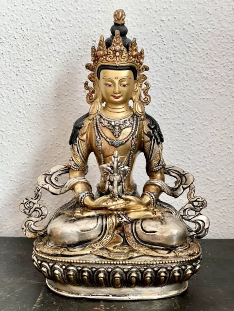 Buddha Amitayus aus Nepal. Bronze 21cm vergoldet & versilbert