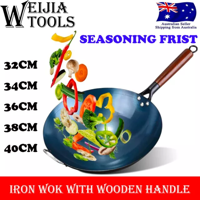 New Professional Iron Chinese Wok 38cm Wood Handle Round Base Stir Fry Seasoning