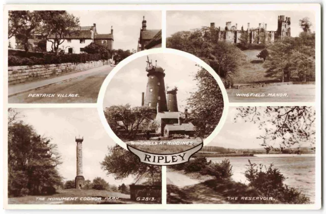 Ripley Multiview Derbyshire Windmills - Vintage Real Photo Postcard M15